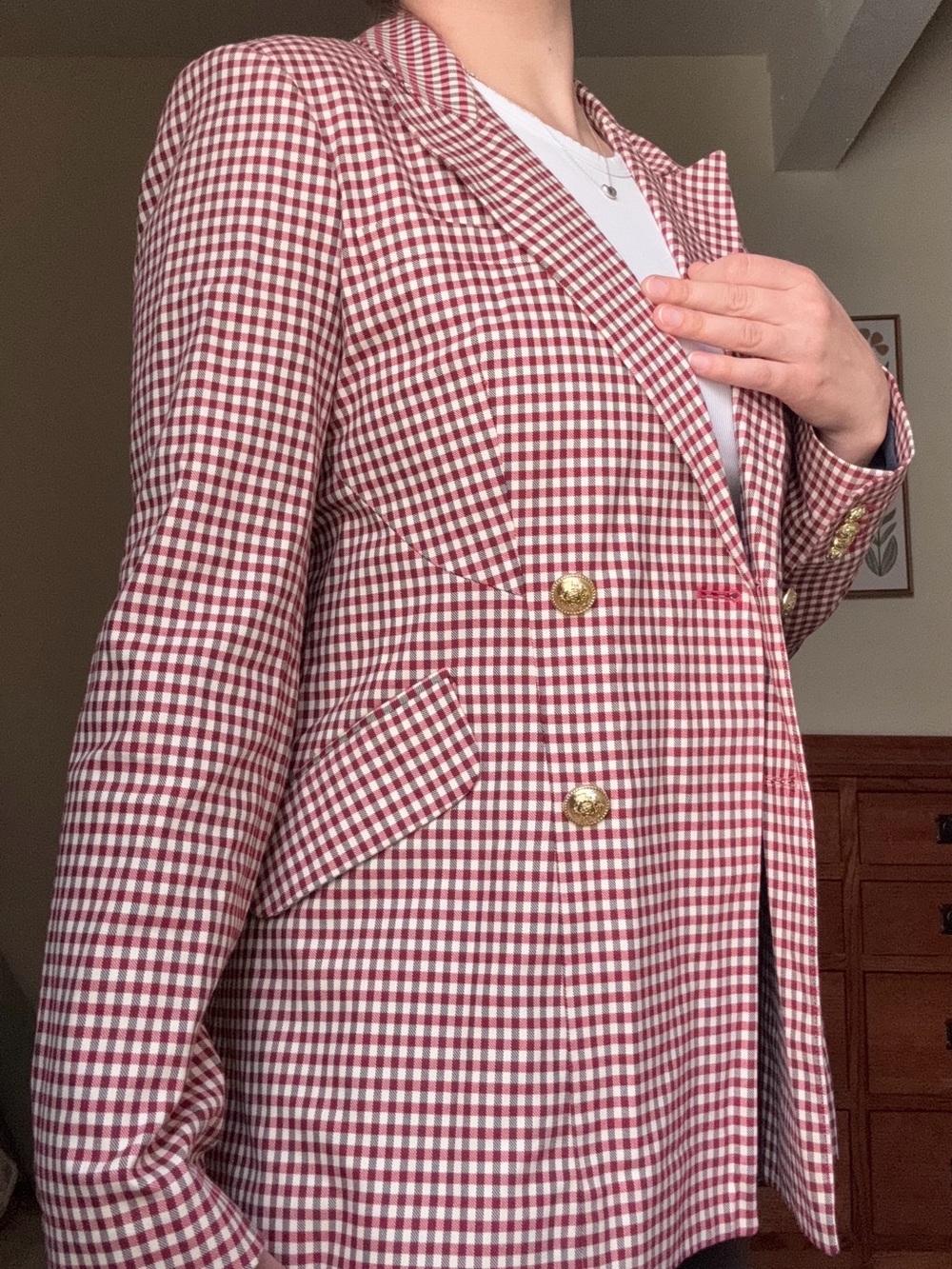 Derek Lam Burgundy and White Gingham Double-Breasted Blazer